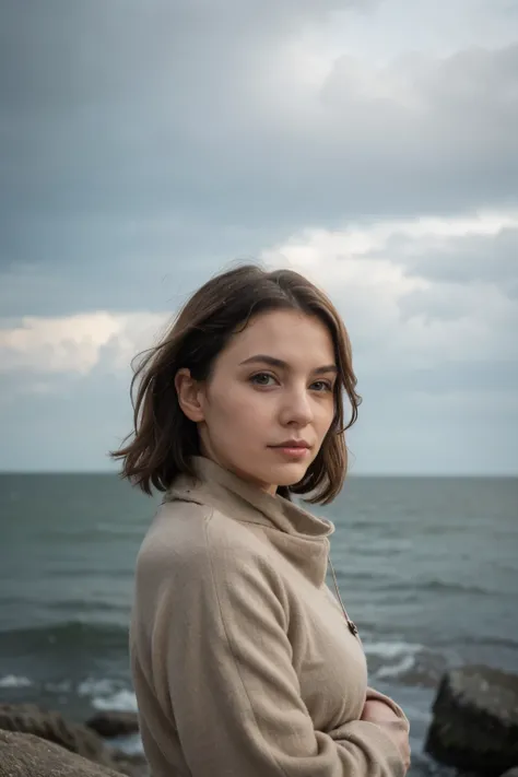 25 Jahre, mittelbraunen Haare, 8k, High Resolution, sitzt auf einem felsen an der nordsee, der wind weht, shivering, Cold