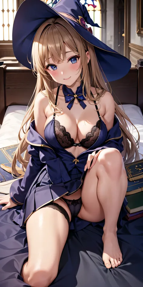 debris flies, highest quality, Highly detailed CG Unity 8K wallpaper, sexy witch , long dark blonde wavy hair、off shoulder knit, dark blue pleated skirt, stockings、medium breasts, saggy breasts, Pose that emphasizes the chest, blush, shy smile, bare should...