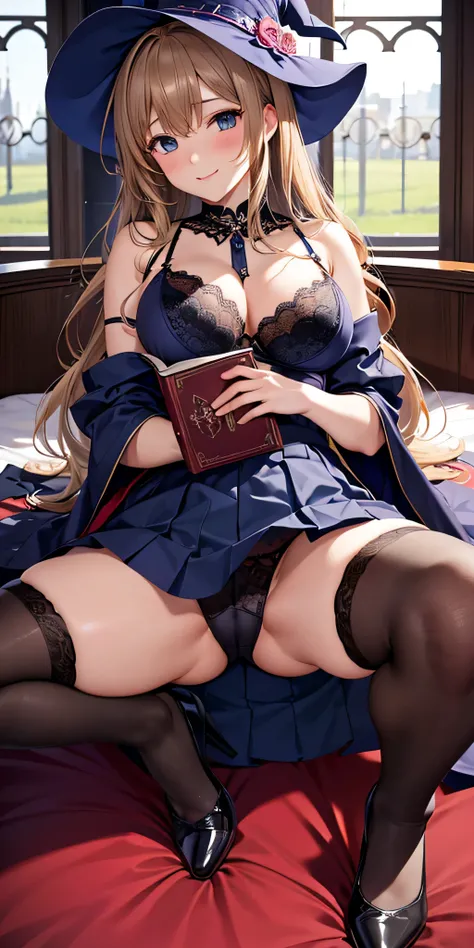 debris flies, highest quality, Highly detailed CG Unity 8K wallpaper, sexy witch , long dark blonde wavy hair、off shoulder knit, dark blue pleated skirt, stockings、medium breasts, saggy breasts, Pose that emphasizes the chest, blush, shy smile, bare should...