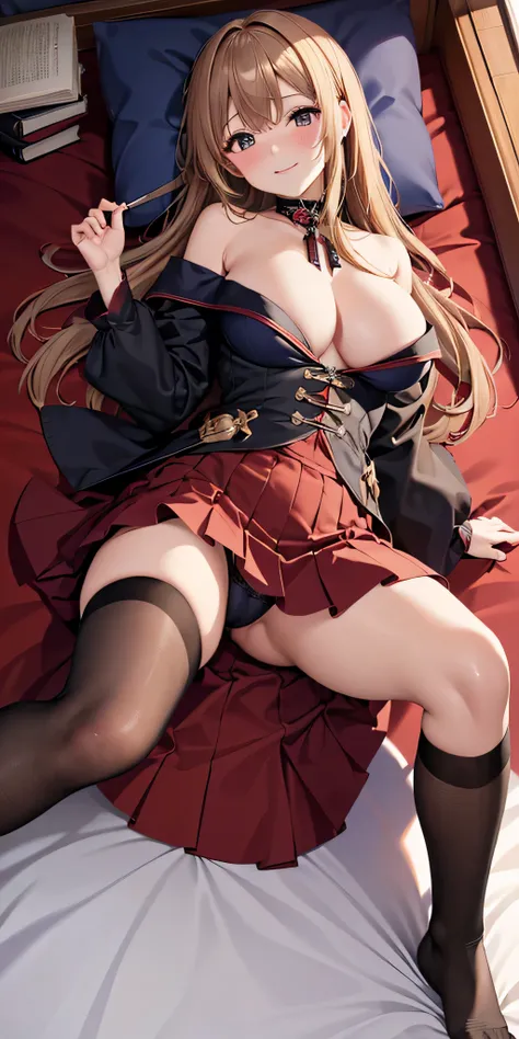 debris flies, highest quality, Highly detailed CG Unity 8K wallpaper, sexy witch , long dark blonde wavy hair、off shoulder knit, dark blue pleated skirt, stockings、medium breasts, saggy breasts, Pose that emphasizes the chest, blush, shy smile, bare should...