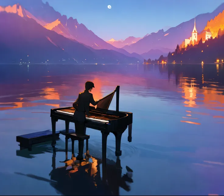 playing piano in the dark and as the only light source is moonlight and piano and piano player floating on switzerland's lucerne...