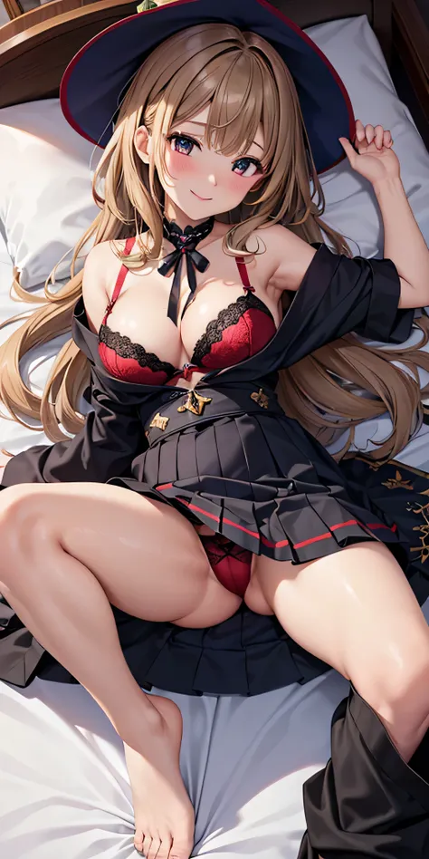 debris flies, highest quality, Highly detailed CG Unity 8K wallpaper, sexy witch , middle length hair、Dark blonde wavy hair、off shoulder knit, dark blue pleated skirt, stockings、medium breasts, saggy breasts, Pose that emphasizes the chest, blush, shy smil...