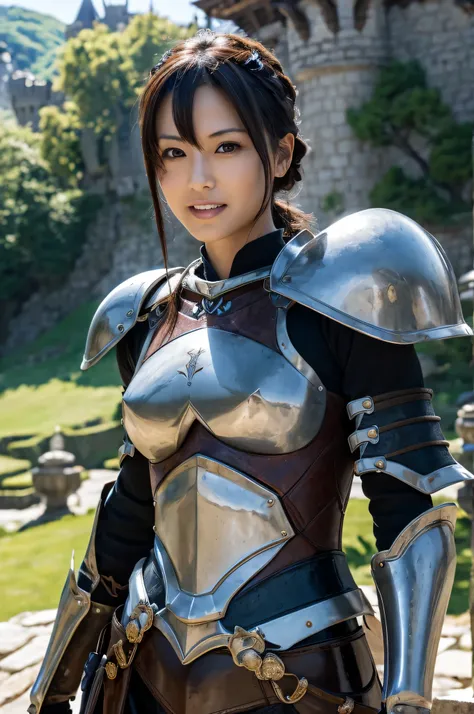 highest resolution, 4K, masterpiece: 1.3), japanese mature, photo of a woman, sexy, fine eyes, slender body shape, realistic teeth, double eyelid, whole body, highest quality, be familiar with, equipped with armor, In a fantasy world, The background is a c...