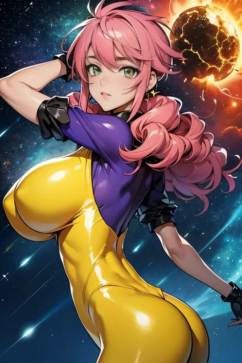 (masterpiece, top quality), (medium),official art, beautiful and aesthetic:1.2),(feldt:1.3), (fractal art:1.3), gundam00, pink hair, ((yellow bodysuit)), from side, (slendered abs:1.2), looking at viewer,(((starry sky))), stars in the background,((black gl...