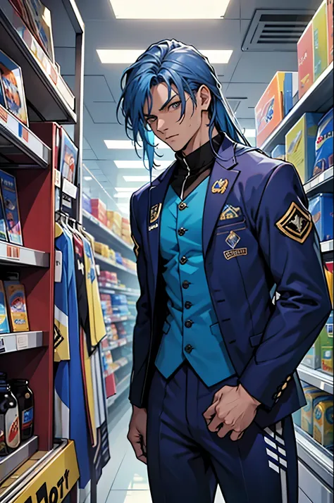 4k, Super Graphics, boy, solo, blue hair, long hair, crazy look, ((gallant suit)), 17 years, (lean), 150 cm height, part time job in a store