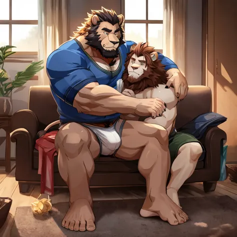 Lions, male people，shaggy，Furry，burly build，2boy，father with adult son sitting on his lap ((detailed feet visible)) size difference, son is nervous, bashful, musculature，burly build，Male crotch, tighty whities (((white Jockey brief))) perspired ((proud))，v...