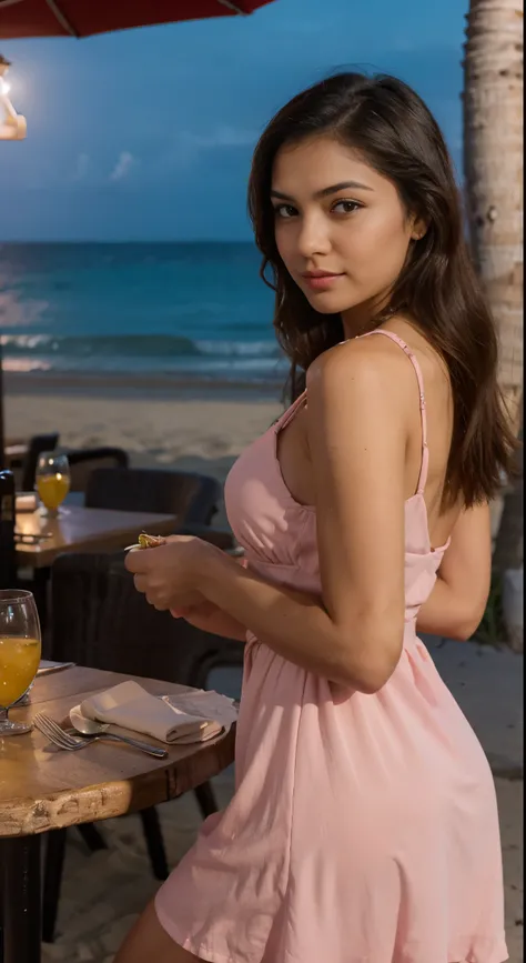 Beautiful Latina woman, having dinner at a restaurant, at the beach, dress with a summer pink dress, At night time