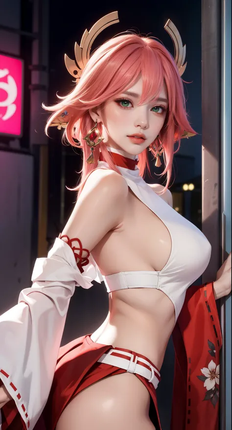 Intimate close-up, focusing on eyes and lips, (Masterpiece, Excellent, 1girl, solo, complex details, color difference), realism, ((medium breath)), off-the-shoulders, big breasts, sexy, Yae Miko, long pink hair, red headdress, red highlight, hair above one...