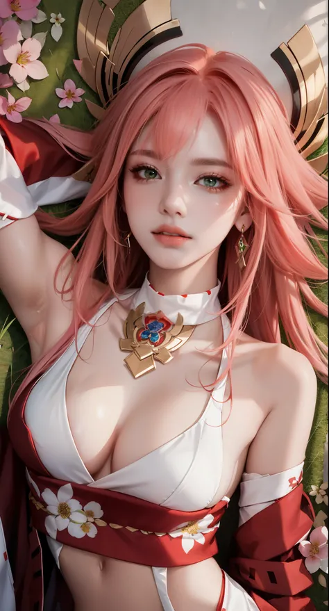 Lying down in a field of grass or flowers, (Masterpiece, Excellent, 1girl, solo, complex details, color difference), realism, ((medium breath)), off-the-shoulders, big breasts, sexy, Yae Miko, long pink hair, red headdress, red highlight, hair above one ey...