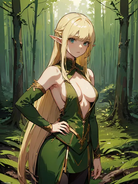 (((masterpiece))) ((( background =  thick forest : at night : detail ))) (((character = young elf female : elegant long blonde hair with straight bang : fit body: small breast : archer outfit : standing : side boobs ))