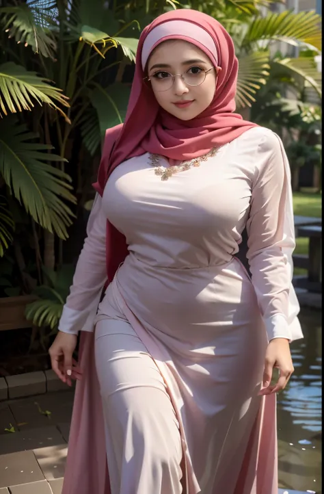 araffe woman in a pink hijab posing for a picture, mia khalifa, with large breasts, full length shot, sexy dress, tight wrinkled cloath, touching her clothes, soft curvy shape, hijab, with a large breasts, clear curvy details, arabian beauty, with beautifu...