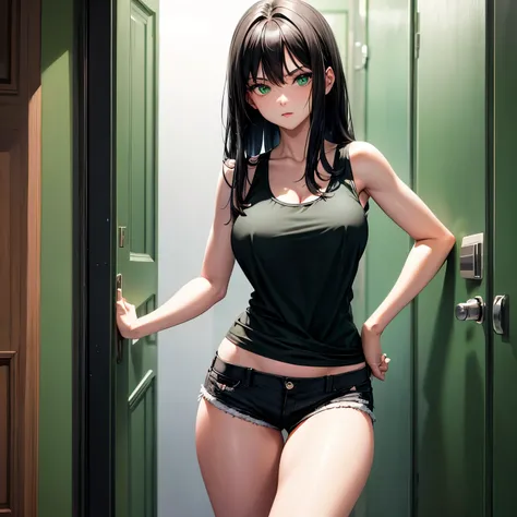 Black hair, green eyes, busty, slender, dark green tank top, black booty shorts, opening door