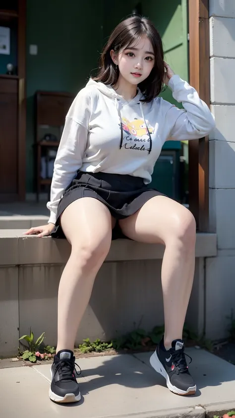 ((best quality)), ((masterpiece)), (detailed), perfect face, wanita chubby dewasa, wearing hoodie and thight skirt, chubby cheeks, chubby arm, chubby thighs, big breasts, wearing a sneakers, medium hair style, full body photoshoot, tattooed body 