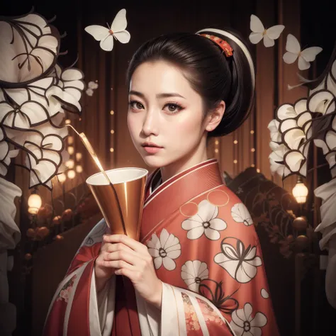 there is a woman in a kimono dress holding a red cup, Retrato de uma gueixa bonita, inspirado em Ito Shinsui, retrato de gueixa, japanese art style, gueixa japonesa, Gueixa da beleza, mulher japonesa elegante, female geisha girl, retrato de uma gueixa, no ...