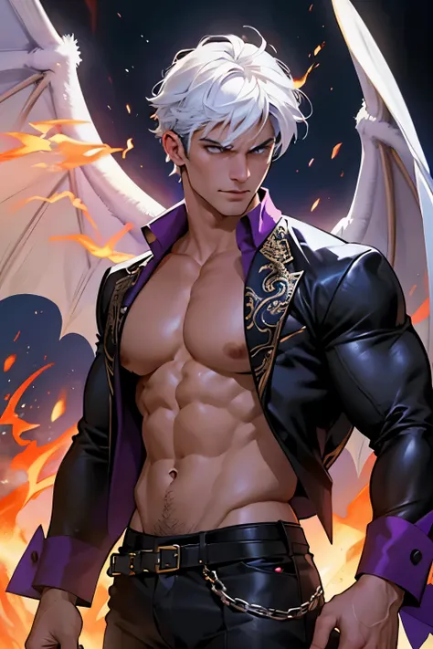 Create a background view of a realistic male version of Lucifer, como um lindo anjo alado, with white dragon wings, cabelos avermelhados, Thrown back, ombros largos, forte, musculoso sem exageros, orelhas pontudas como um elfo, veste um terno roxo e a imag...