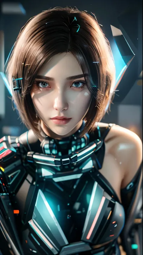 ((highest quality)), ((masterpiece)), (very detailed:1.3), 3D, beautiful (cyber punk:1.3) Female hacker with short brown hair poses for photo, computer servers, LCD Screen, fiber optic cable, corporate logo, HDR (high dynamic range), ray tracing, NVIDIA RT...