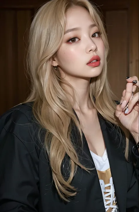 Blonde Jennie with long hair holding a pink lip and pink lipstick, parque roseanne de blackpink, Lalisa Manobal, Lalisa Manoban do Blackpink, jossi do blackpink, maquiagem sul-coreana popular, Bela Delfina, cl, maquiagem coreana popular, uma garota com cab...