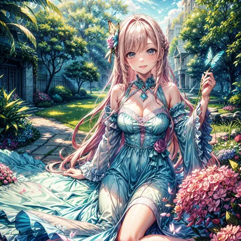 (best quality, 8k, masterpiece:1.2, nsfw ), Cutest,Cute girl, mesugaki, Beautiful face, Beautiful eyes, Beautiful hair, Light pink hair, Lots of colorful flowers, sunshine, peaceful garden, summer dress, smiling, golden hour lighting, vibrant colors, happy...