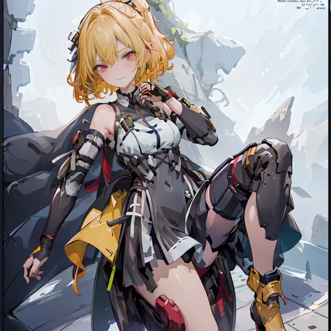 1 girl, tie up hair, short hair, short blond hair, red eyes, innocent smile, black mech armor, cool and sexy face, black thigh k...