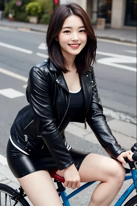 smile、leather jacket、30-year-old slim long-haired woman riding a bike、Crisp and clear images、short hair