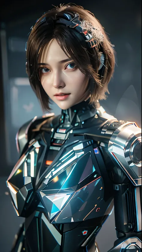 ((highest quality)), ((masterpiece)), (very detailed:1.3), 3D, beautiful (cyber punk:1.3) Female hacker with short brown hair poses for photo, (A thin cyber suit that fits perfectly to your body:1.4)　computer servers, LCD Screen, fiber optic cable, HDR (hi...