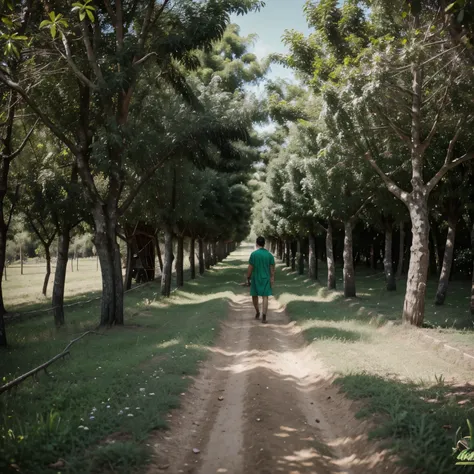 Crie a imagem de  Jesus Cristo num campo extenso  todo verde caminhando num dia de lua nova