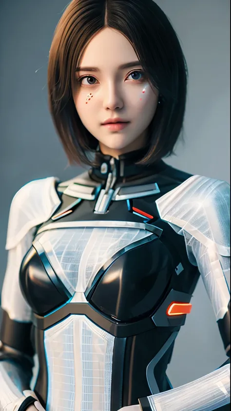 ((highest quality)), ((masterpiece)), (very detailed:1.3), 3D, beautiful (cyber punk:1.3) Female hacker with short brown hair poses for photo, (A thin silicone cyber suit that fits perfectly to your body:1.4)　computer servers, LCD Screen, fiber optic cable...