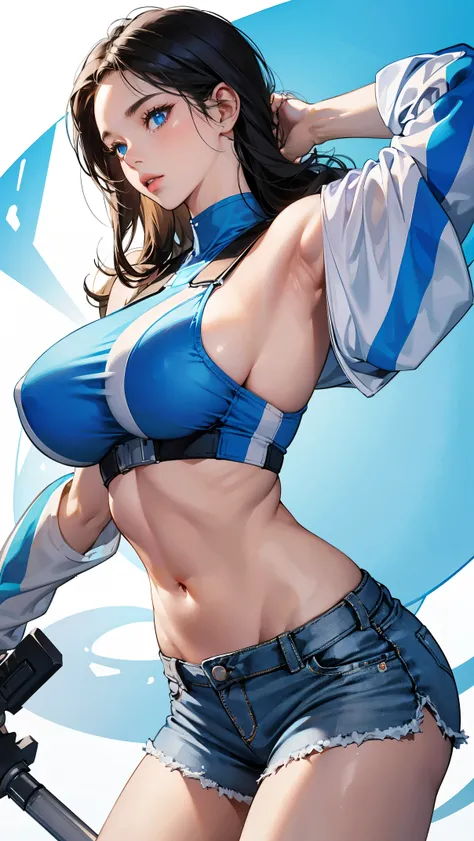 1 girl, white crop top, blue shorts, glowing skin, huge breasts, parted lips, blue eyes, masterpiece, ultra quality