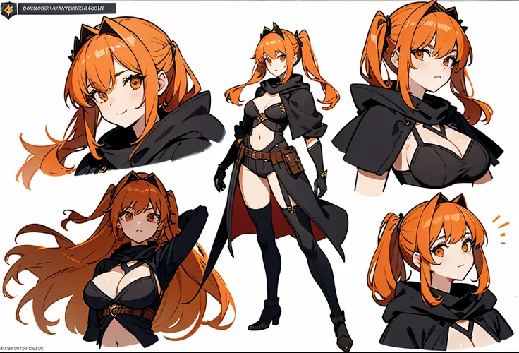 ((masterpiece, top quality)), (detailed face, character sheets, full body, full of details, Multiple poses and expressions, highly detailed, Depth, many parts)((huge breasts)) 1 beautiful girl, orange hair tied with 2 very short pigtails, orange eyes, high...