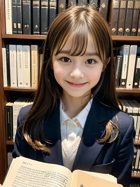 an American elementary school student，10 year old girl，Cute and cute，brown hair，suit，Sitting in the library，Holding a book，looking directly at camera，close-up photo，The face area exceeds 1/Photo 4