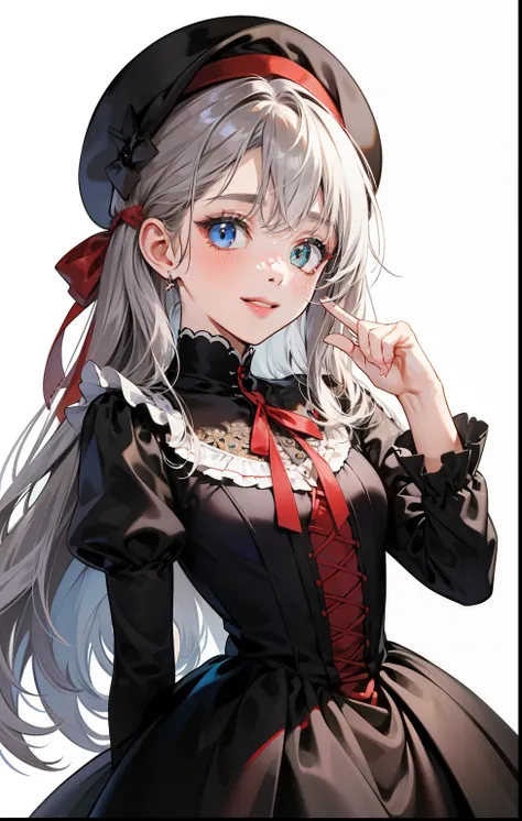 girl、white background、no background、gray hair、long hair、long hair、Contrasting bangs、black dress、black dress、red ribbon、frills、beret、赤いberetを被っている、blush、smile、cute、no background