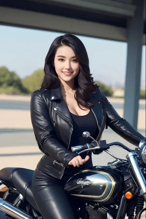 smile、leather jacket、a slim 30-year-old woman riding a futuristic motorcycle、detailed and clear images