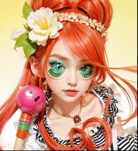 a girl with red hair and green eyes and light pink makeup