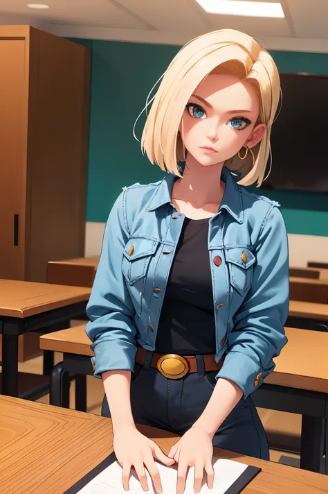 (table top, highest quality), 1 girl, beautiful face, beautiful body,  android 18, earrings, denim, belt bag