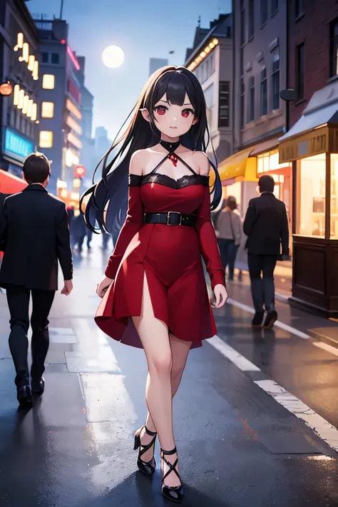 (((Top quality and highly detailed photorealism)))，((Vampire Woman: Red Eyes、Very ),(Walk gracefully along bustling  boulevards),(In the moonlight),(a scene from a movie:1.2))