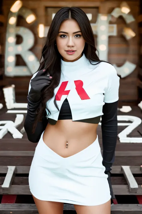 realistic portrait of a beautiful k4t3upt0n woman wearing team rocket,team rocket uniform,white skirt,red letter r,crop top,blac...