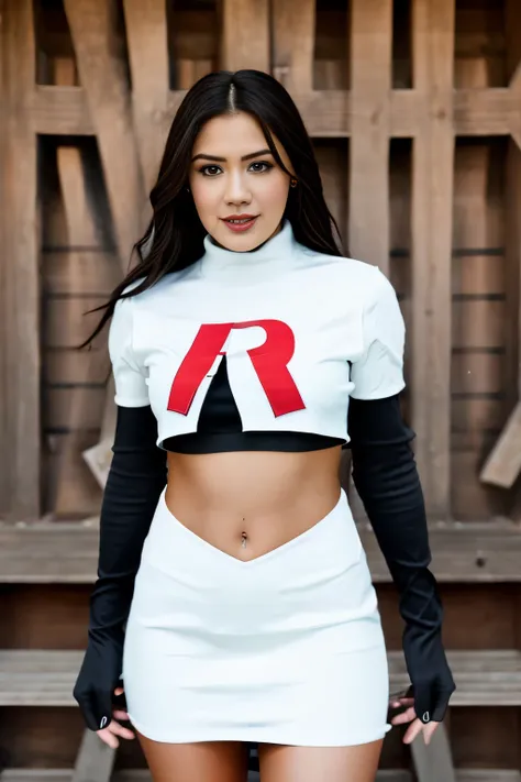 realistic portrait of a beautiful k4t3upt0n woman wearing team rocket,team rocket uniform,white skirt,red letter r,crop top,blac...