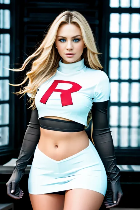 a realistic photo of c4nd1c3sw woman wearing team rocket,team rocket uniform,white skirt,red letter r,crop top,black thigh-highs...