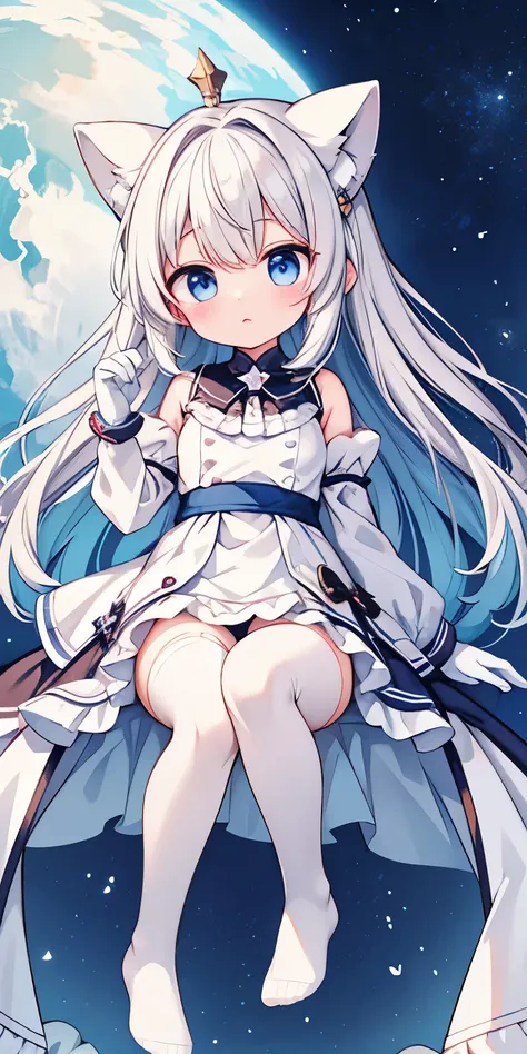 Cute little loli，long white hair，White princess dress，white gloves，No shoes，White knee-length stockings，serious，night sky background