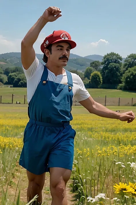 Mario dancing in a field