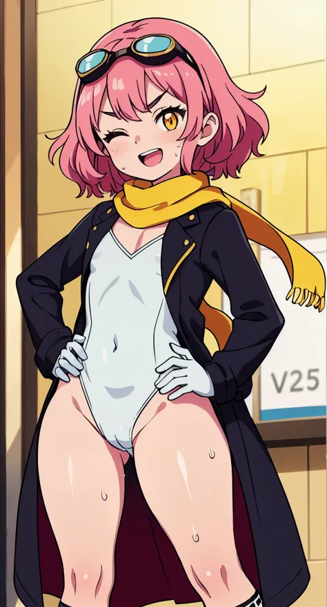 high quality、16km race、anime screen capture、NSFW、L○ri、l○w length、(((small chest)))、(○besity)、(thick thighs)、(pink hair)、(((wavy hair)))、ah○ge、(Riman)、 (Sh○rt hair)、b○b cut、(dripping sweat)、:d、one eye closed、(m○uth wide ○pen)、((orange eyes))、(V-shaped eyebr...