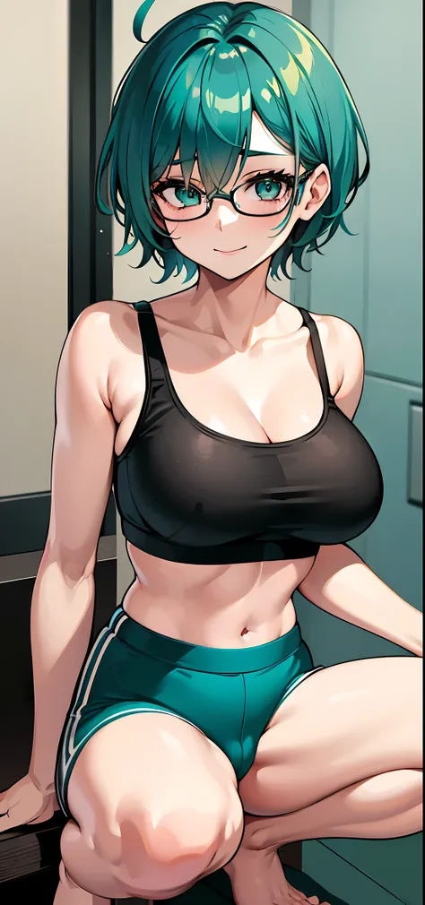 1girl, solo, {53 years old, milf, teal and green hair, messy hair, asymmetrical hair, ahoge, very short hair, aqua eyes, medium breasts, pale skin, glasses}, sports bra, hot pants, smile, squatting