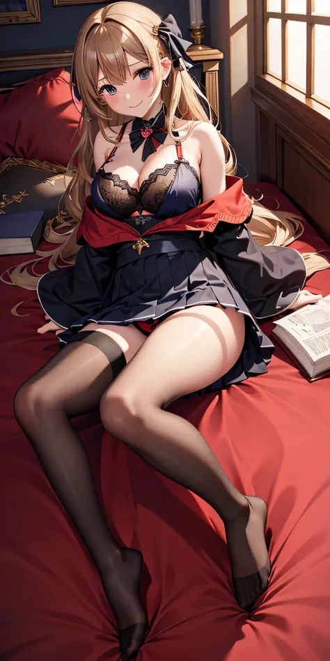 debris flies, highest quality, Highly detailed CG Unity 8K wallpaper, sexy witch , middle length hair、Dark blonde wavy hair、off shoulder knit, dark blue pleated skirt, stockings、medium breasts, saggy breasts, Pose that emphasizes the chest, blush, shy smil...