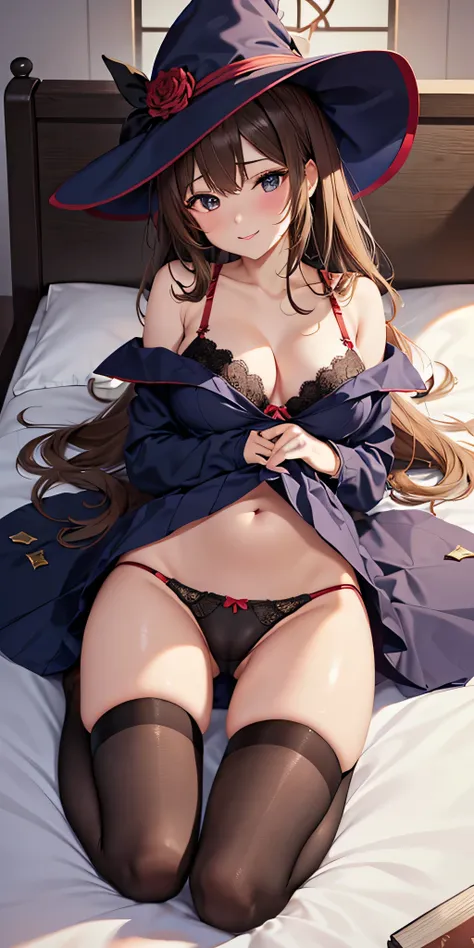 debris flies, highest quality, Highly detailed CG Unity 8K wallpaper, sexy witch , middle length hair、Dark blonde wavy hair、off shoulder knit, dark blue pleated skirt, stockings、medium breasts, saggy breasts, Pose that emphasizes the chest, blush, shy smil...