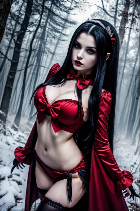 Araffe dressed as a sexy "snow white" with a red bow, beautiful vampire queen, realistic cosplay, Marceline from Adventure Time, anime girl cosplay, 4K HD, beautiful vampire queen, snow white as a d &d fighter, snow white, anime cosplay, cosplay, vampire C...