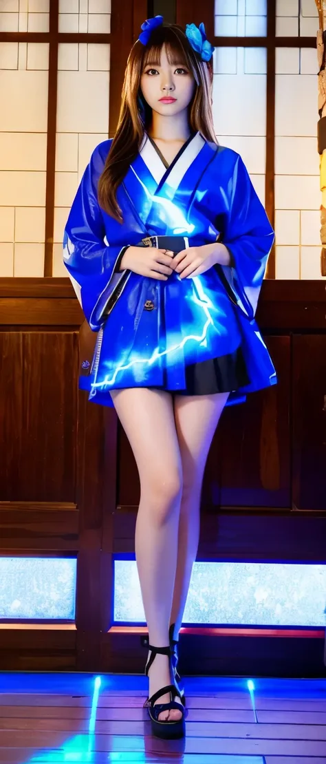 Female idol covered with fantastic blue lightning skull、Full body Esbian、、Lightning-covered miniskirt kimono、、blonde、good style、、evening