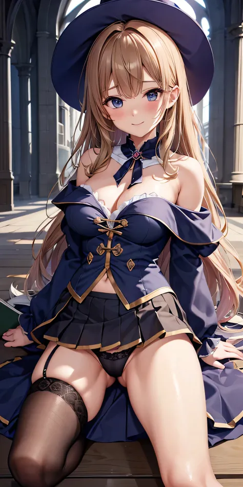 debris flies, highest quality, Highly detailed CG Unity 8K wallpaper, sexy witch , long dark blonde wavy hair、off shoulder knit, dark blue pleated skirt, stockings、medium breasts, saggy breasts, Pose that emphasizes the chest, blush, shy smile, bare should...