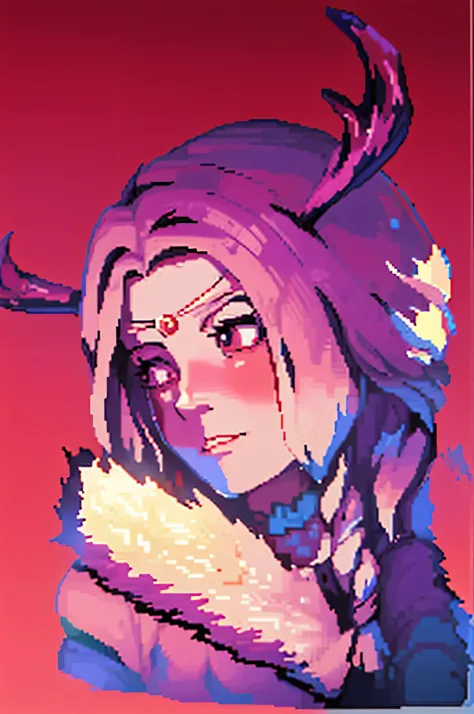 um desenho animado de uma mulher com chifres e uma capa vermelha, #arte de pixel:3, /R/arte de pixel, #arte de pixel, # arte de pixel, Derivador hiperleve, retrato!!! Estilo Mononoke-Hime, druida tiefling atraente, dnd retrato of a tiefling, low resolution...