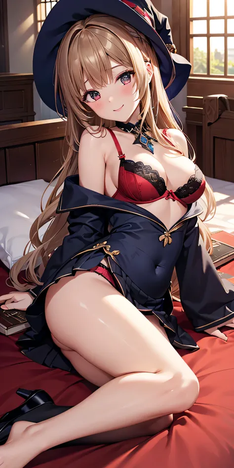 debris flies, highest quality, Highly detailed CG Unity 8K wallpaper, sexy witch , middle length hair、Dark blonde wavy hair、off shoulder knit, dark blue pleated skirt, stockings、medium breasts, saggy breasts, Pose that emphasizes the chest, blush, shy smil...