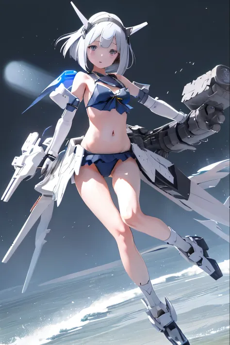 (highest quality)), ((masterpiece)), (very detailed: 1.3), 3D, {(1 girl)}, (wear dark blue Old School Swimsuit under armor:1.2), unarmored waist, wears a futuristic white Gundam mecha,(Gundam), with headgear, with v-fin , armored shoulders,armored under ar...